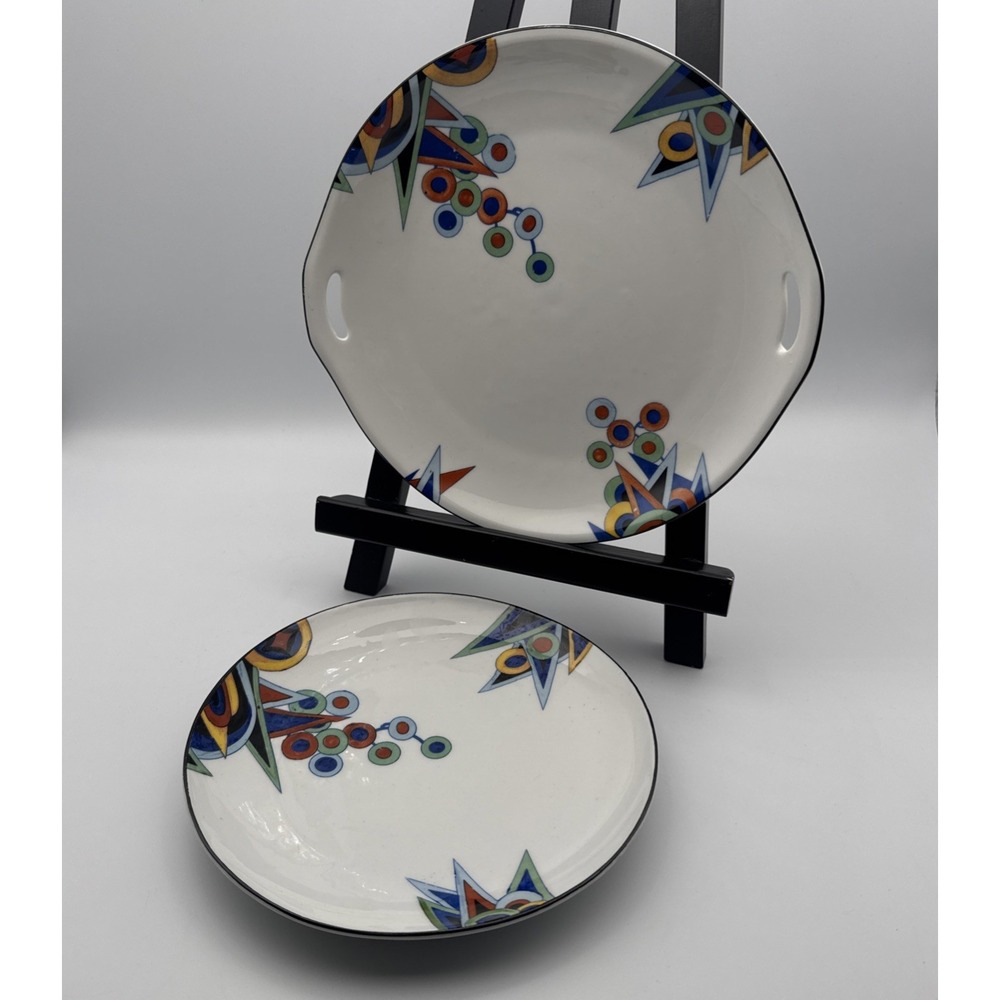 Abstract White Multicolor Triangles Circles Plates Black Rim Germany